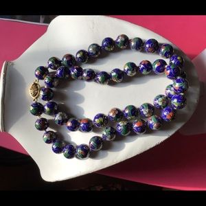 Vintage necklace blue floral cloisonné. 24 inch